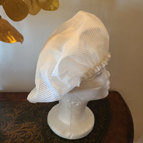 Vintage Siris Sleep Cap Bonnet Window Pane Net Lace Trim White Hair Protection - Picture 3 of 8